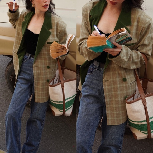 BNWT Two-Tone Plaid Wool Blend Blazer w/ Shoulder Pads, Parisian, Vintage, Sz M - Picture 6 of 16